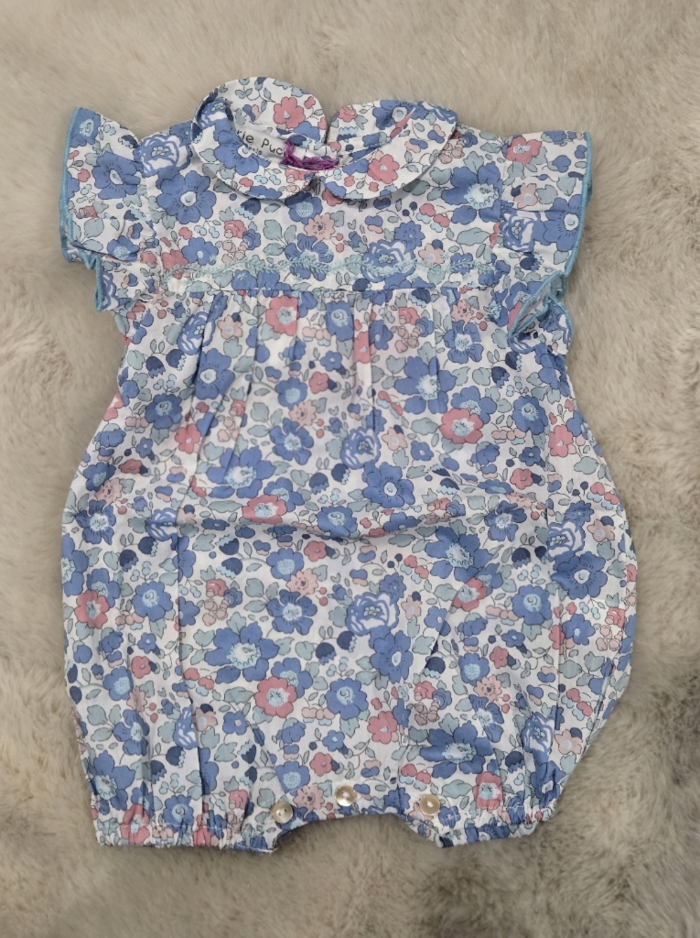 Marie Puce Paris Liberty Betsy Blue Baby Romper 3M NWT